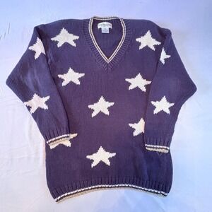 Melbourne Classix Star Sweater Womens Medium Navy Blue V-Neck Vintage Knit Top